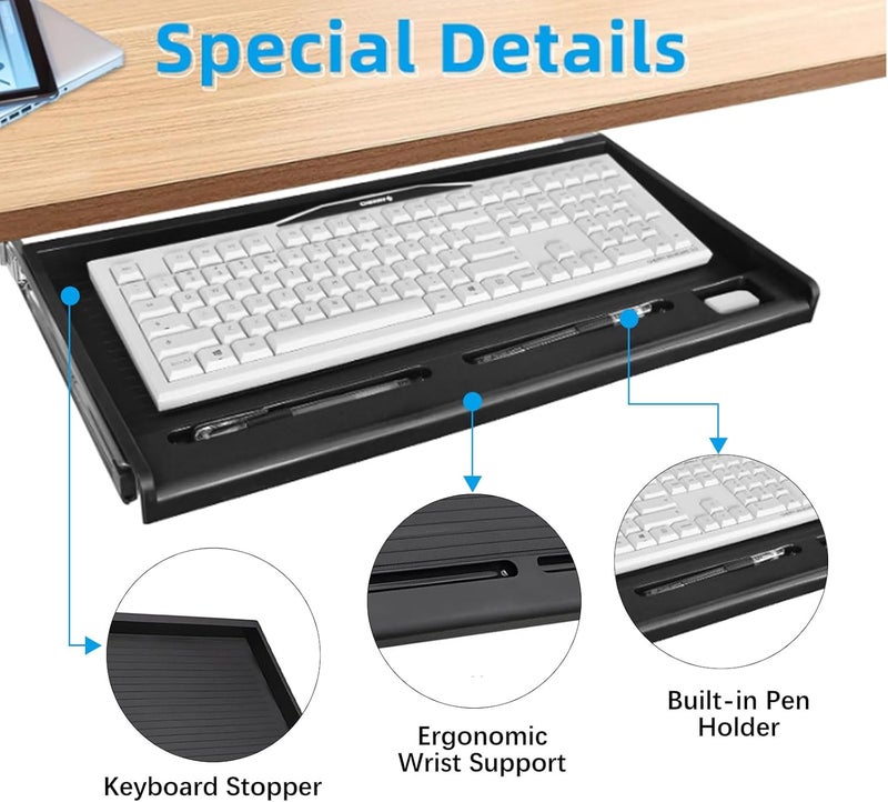 TooCust Under Desk Keyboard Tray, 20" Wx11"D Sturdy Key Board Tray Under Desk Slide with Pen Tray, Desk Extender with Pen Holder,Black - Image 3